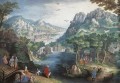 川の渓谷と預言者ホセアのある山の風景